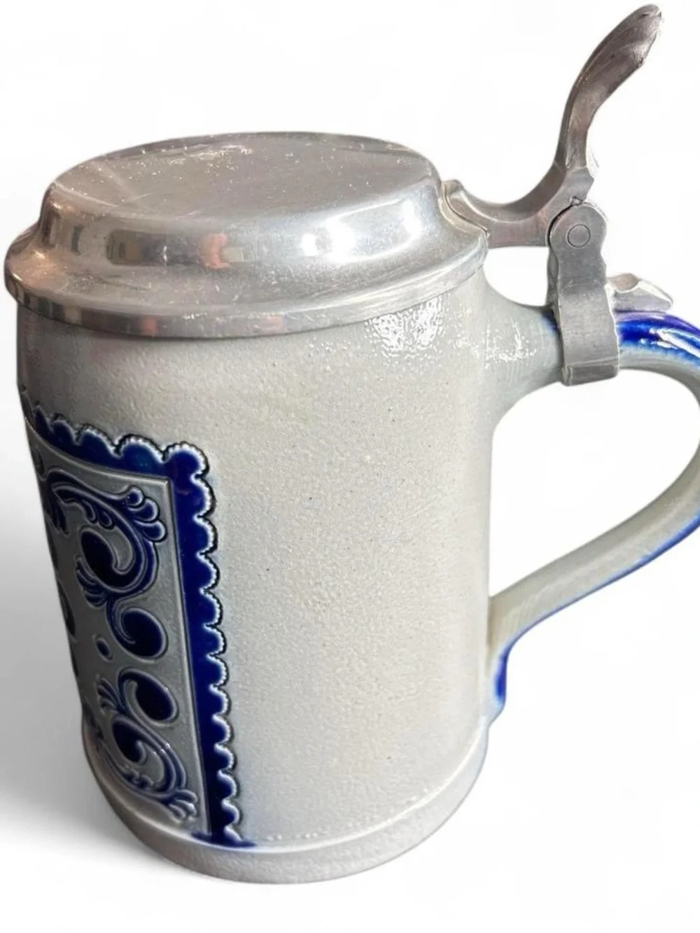 Goebel Merkelbach Blue and White Ceramic Stein with attached intact Pewter Lid
